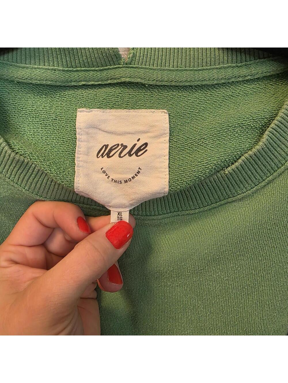 Aerie Oversized Distressed Green Crewneck with Ice Cold Ski Resort Patch- XL - Picture 3 of 8